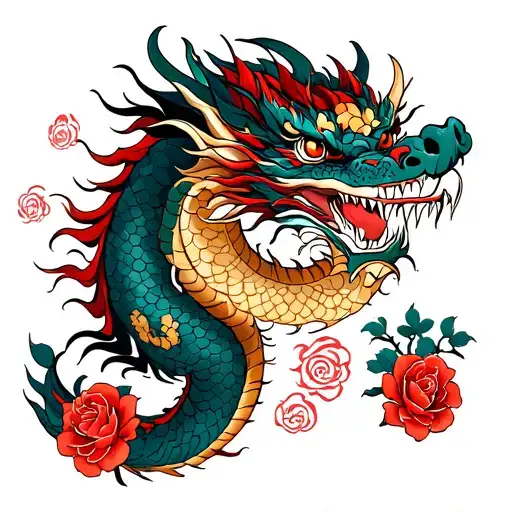 japanese dragon with roses tattoo design idea