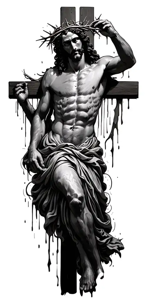 Jesus with bleeding crown of thorns on the cross intertwined tattoo design idea