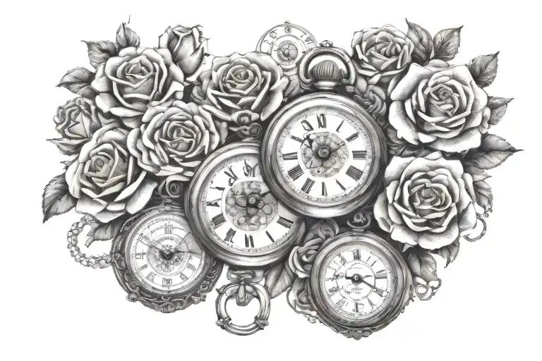 pocket watches with names, time and dates arranged on rosery bead necklace surrounded in roses tattoo design idea