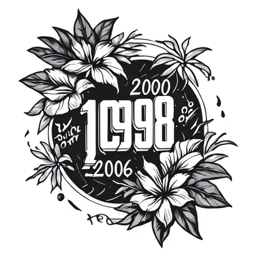 a black and white Hawaiian-style tattoo with the years 1998, 2000, 2002, and 2006 hidden inside. tattoo design idea