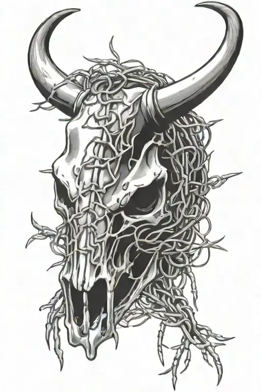 bull skull covered in barbed wire tattoo design idea
