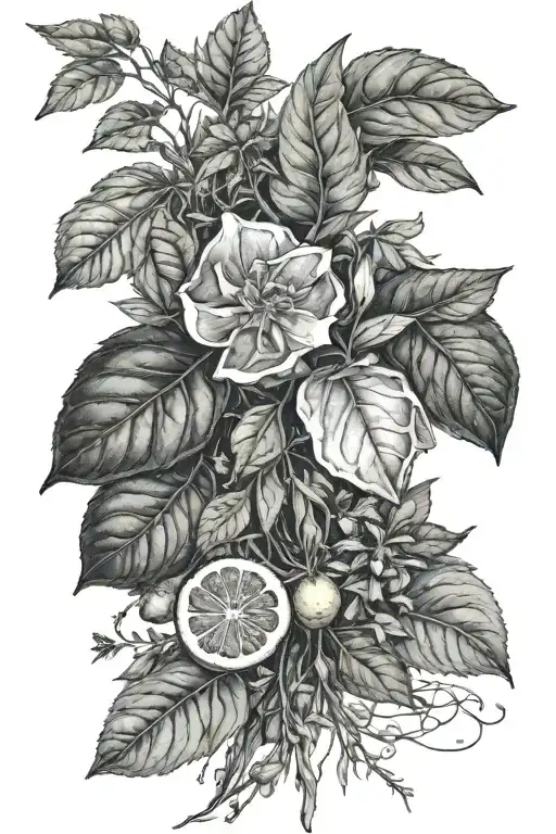 Black and white realism of a half sleeve of herbs in bunches with a bow & a separated branch with leaves and a lemon  tattoo design idea
