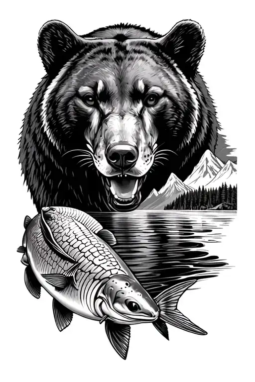arm sleeve with salmon, sturgeon, black bear and cougar with water and mountains in the background tattoo design idea
