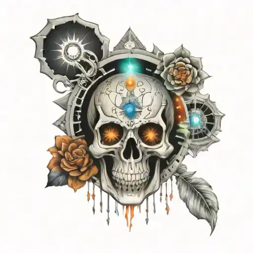 A skull adorned with symbols representing the seven chakras, each chakra glowing with vibrant colors tattoo design idea