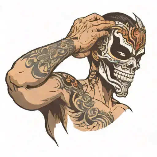 a man holds a mask in front of him in a bent arm tattoo design idea