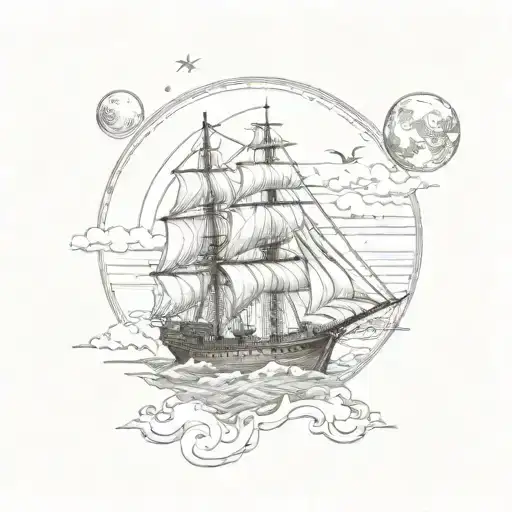 three mast ship sailing full moon tattoo design idea