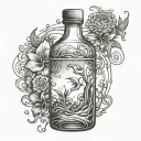 line tattoo design of a round bottle with a underwater theme inside the bottle, with shading, maybe have an element comi tattoo design idea