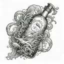 line tattoo design of a round bottle with a underwater theme inside the bottle, with shading, maybe have an element comi tattoo design idea