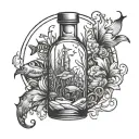 line tattoo design of a round bottle with a underwater theme inside the bottle, with shading, maybe have an element comi tattoo design idea
