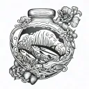 line tattoo design of a round bottle with a underwater theme inside the bottle, with shading, maybe have an element comi tattoo design idea