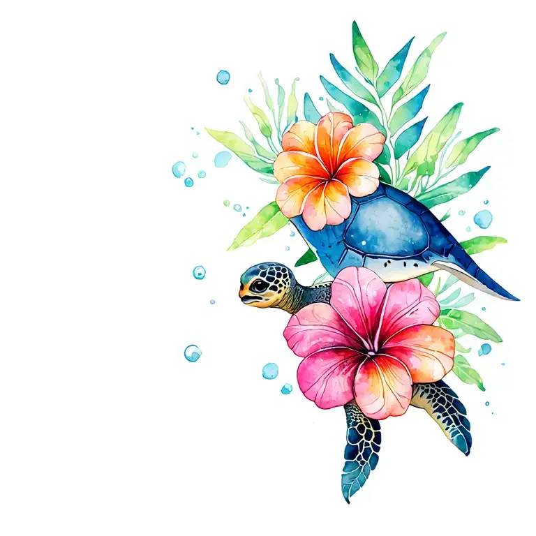 Hawaiian flowers with sea turtle and stingray gracefully swimming tattoo design idea