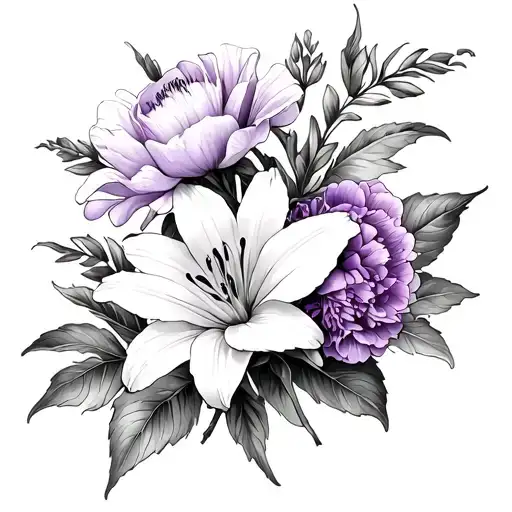 Stargazing lily, lilac, peony, and begonia flowers tattoo design idea