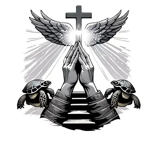 prayer hands in front of a cross with stairs to heaven behind with light shining and turtles  tattoo design idea