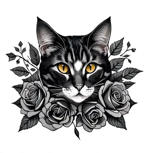 meow in cursive writing with roses intertwined tattoo design idea