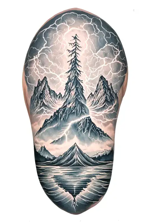 fjord and lightining storm and vegvisir and nature tattoo design idea