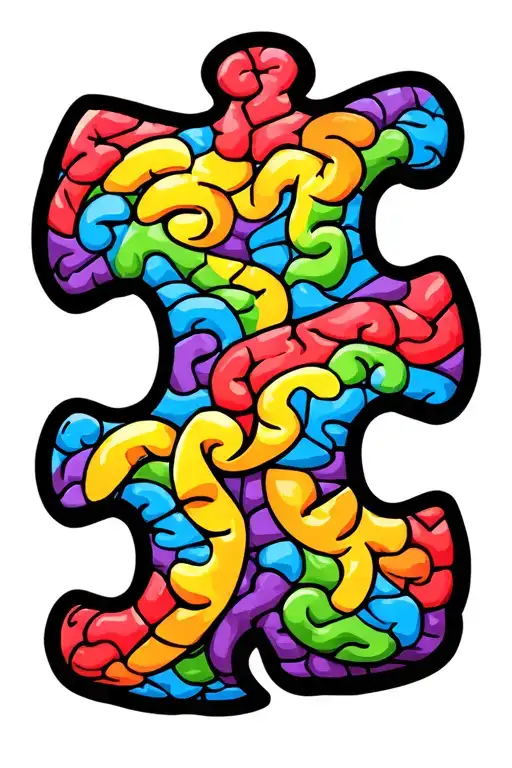 rainbow autism puzzle piece and brain wrapped with blueish purple TSC ribbon tattoo design idea