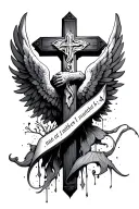 cross with wings coming out the back and the bible verse "matthew 6:34" tattoo design idea