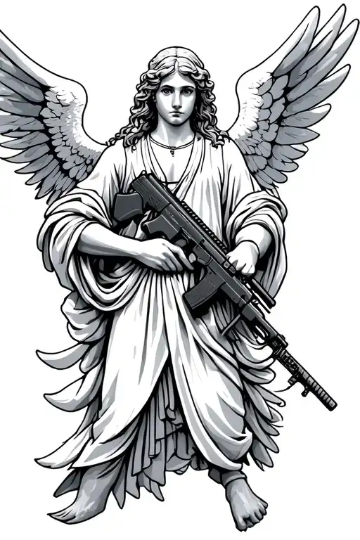 guardian angel holding ak 47 tattoo design idea