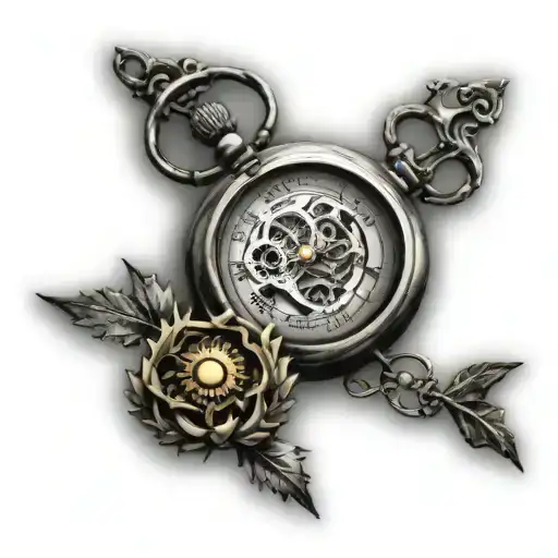 3 pocket watch with thistle and gears intertwined tattoo design idea