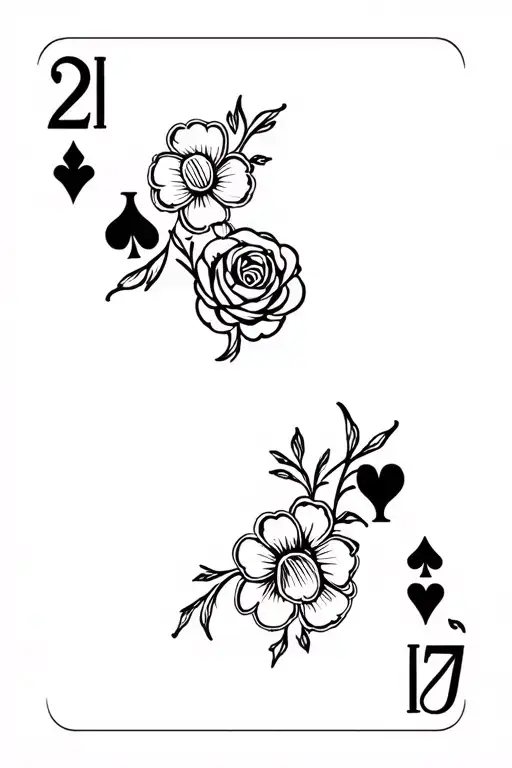 Black and white, playing card with the number "27", with symmetrical flowers and a rose at the centre tattoo design idea