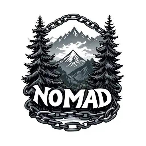 word nomad incorporate chains and pine trees tattoo design idea