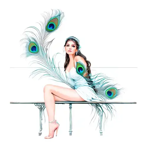 a woman sitting on a bench with peacock feathers tattoo design idea