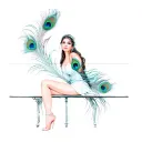 a woman sitting on a bench with peacock feathers tattoo design idea