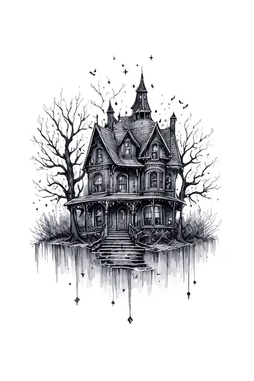 haunted house with sparkles black grey tattoo realism tattoo design idea