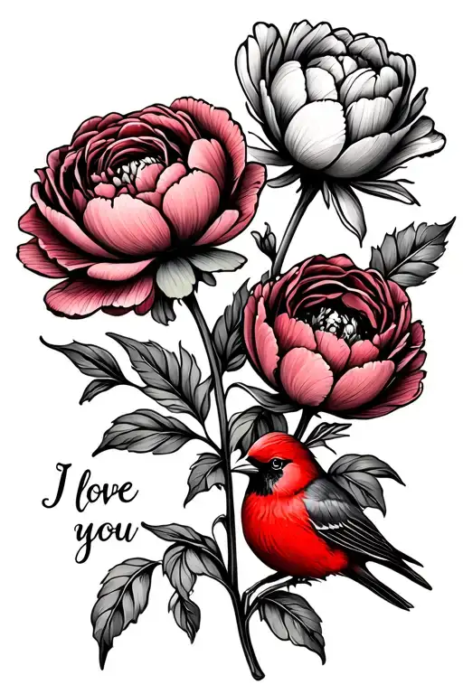 3 flowers peony rose and tulip in a bunch and the stem with i love you in cursive then a red bird greenery simple thin tattoo design idea