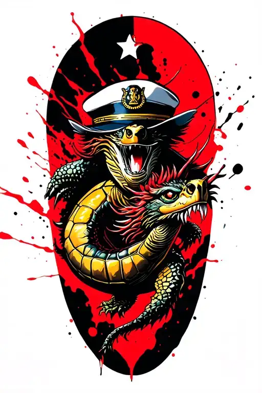 shellback turtle wearing US Navy hat fighting with a golden dragon tattoo design idea