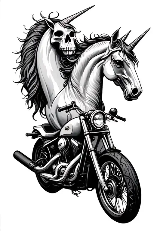 Sagittarius, motorbike, unicorn, skull tattoo design idea