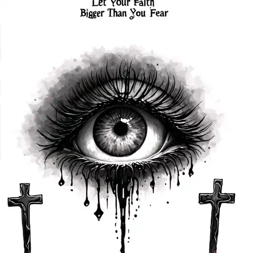 let your faith be bigger than you fear with 3  small crosses at the the bottom and a eye at the top crying  tattoo design idea