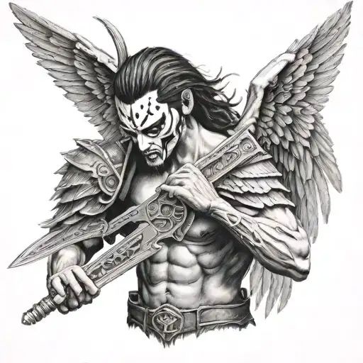 half masked face angel,male,hyperrealistic,blackandwhite,dark demon wings, holding weapon,realism tattoo, 3d  tattoo design idea