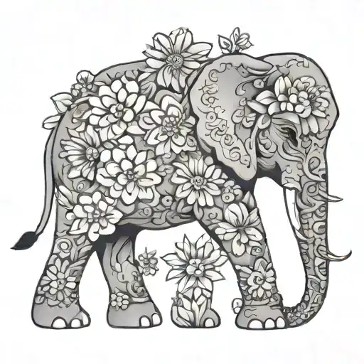 a elephant with flowers and mandala design incorporating tattoo design idea