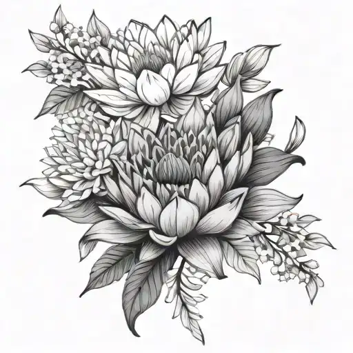 lily of the vally, water lily, and chrysanthemun flower  tattoo design idea