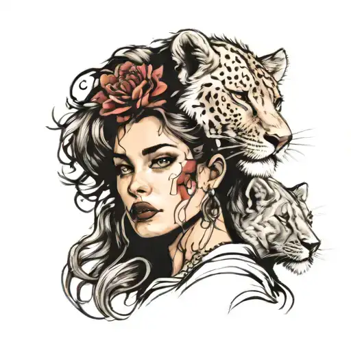 woman as if biting her head a lioness and a lion cub tattoo design idea