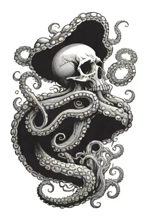 an octopus with a human skull as its head sitting on top of a long skinny piece of coral  tattoo design idea