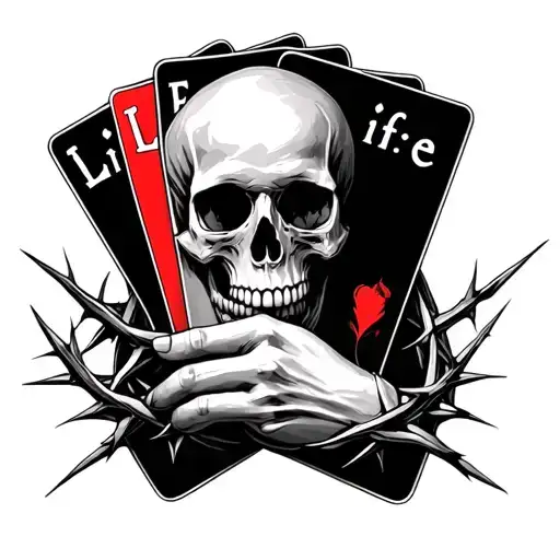 skull hand holding the four cards that spell out life with thorns wrapping around the back with shading tattoo design idea