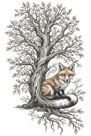 a fox sitting underneath a tree branch tattoo design idea