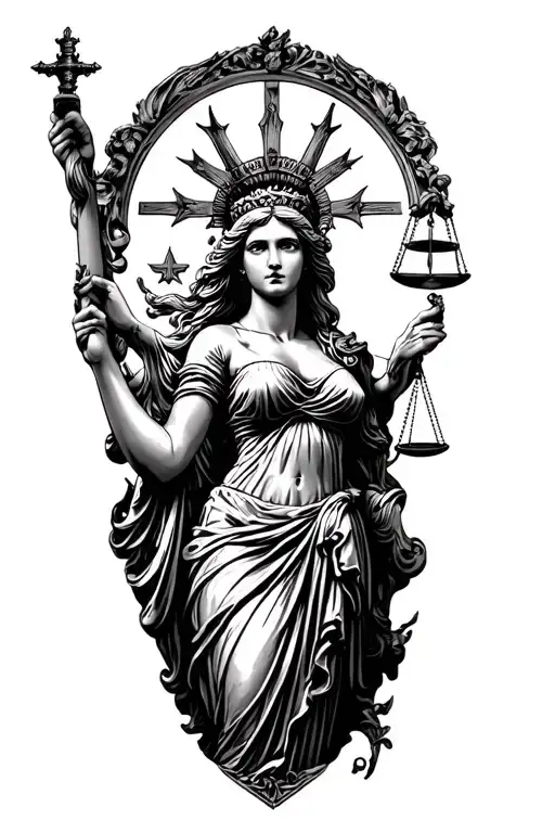 make a udnerarm sleeve need to have lady justice and somethin about god tattoo design idea