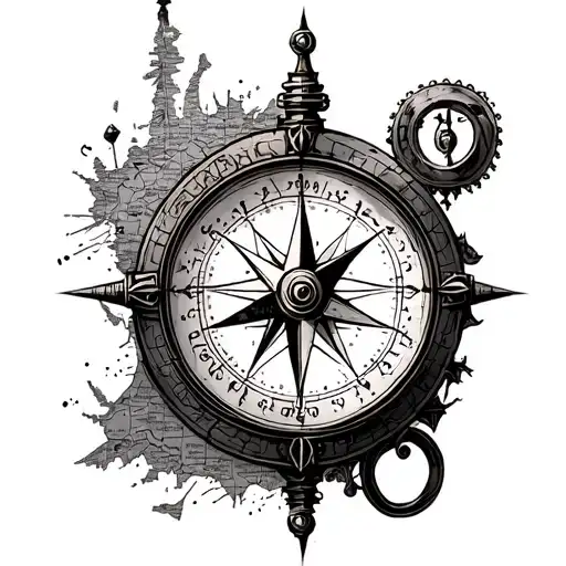 Sketch of tattoo in black and white, minimalism, in the style of map, clock, compass, steampunk tattoo design idea