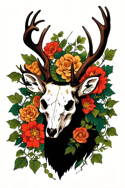 deer skull, flowers, ivy vines tattoo design idea