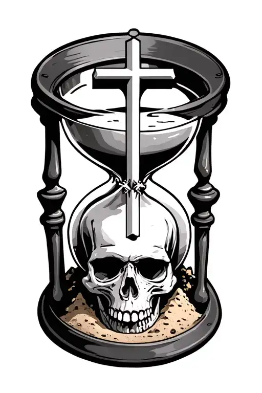 hour glass with religious cross in the top poking out of some sand and the bottom has a partially covered skull in sand  tattoo design idea