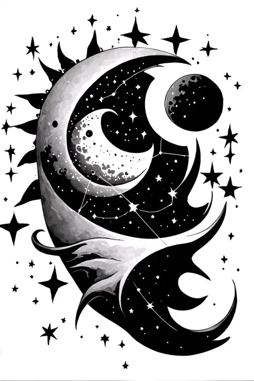 cassiopeia constellation with sun and moon surrounded by stars tattoo design idea