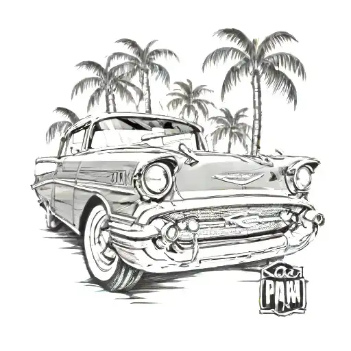 1957 chevy bel air with palm trees in the background with the license plate saying tom tattoo design idea
