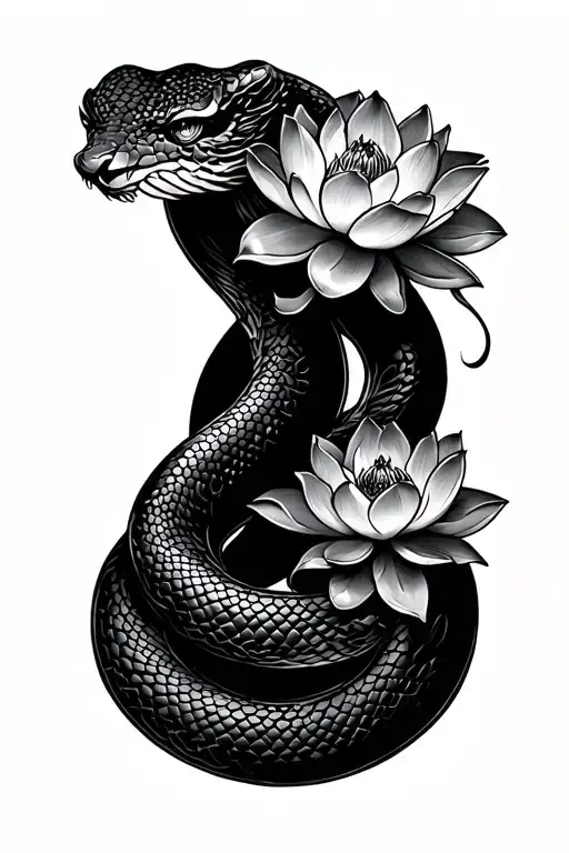 snake with two half open lotuses tattoo design idea