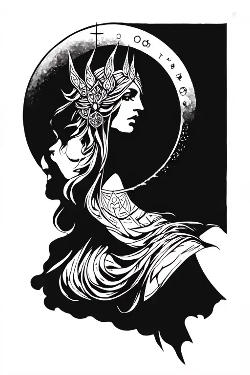 freya goddess bust with full moon and runes  tattoo design idea