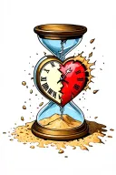 heart clock inside broken hourglass with sand falling out tattoo design idea