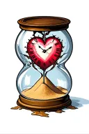 heart clock inside broken hourglass with sand falling out tattoo design idea