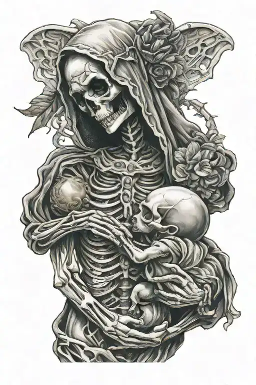 skeleton mary holding alien baby jesus christ tattoo design idea